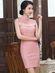 Pink Lace Hollow Short Cheongsam