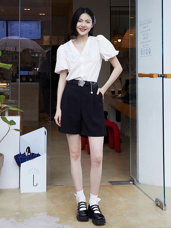 Solid Embroidery Puff Sleeve Blouse