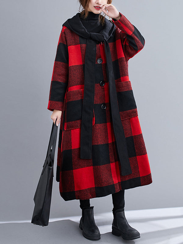 Women Retro Plaid Print Hooded Coat