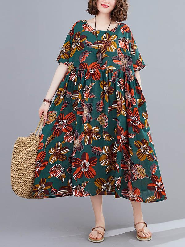 Vintage Floral Round-Neck Short Sleeve Dress