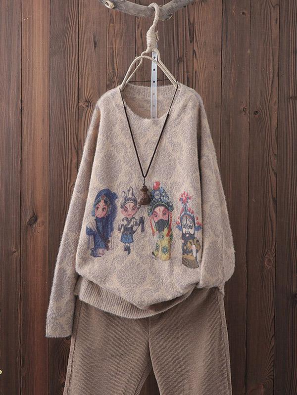 Retro Character Print Knit Sweater