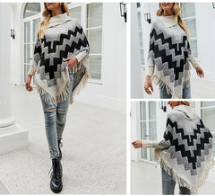 Loose Tassel Abstract Printed Knitted Shawl Sweater