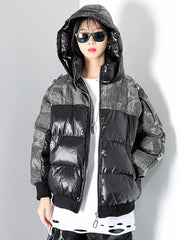 Women Zipper Panel Hooded Coat