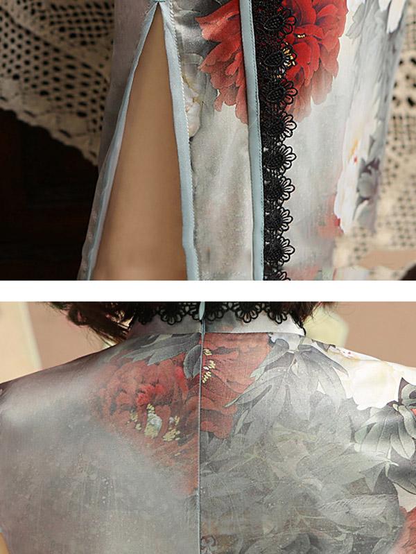 Lace Printed Split-Side Long Cheongsams