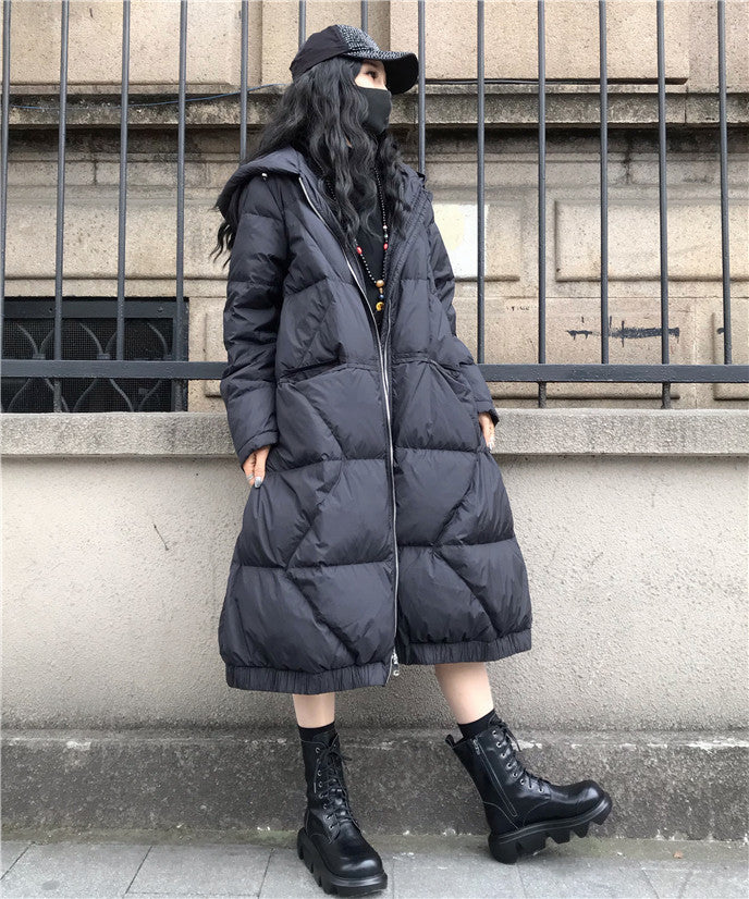 Large Size Loose Mid-Length Thick Hooded Down Coat