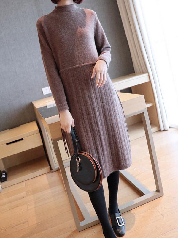 Plain Elasticity Pleated Knit Midi Dress