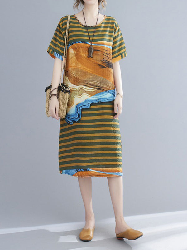 Ethnic Print Loose Round Neck Short Sleeve Dress