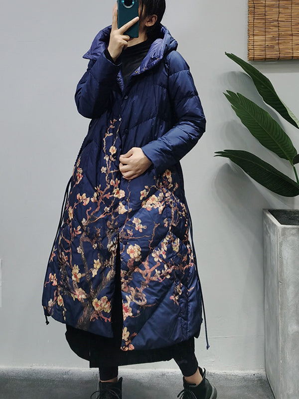 Casual Versatile Floral Print Hooded Coat