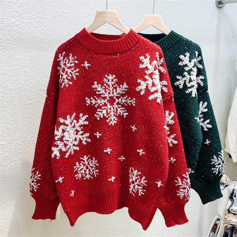 Christmas Snowflake Jacquard Round Neck Sweater