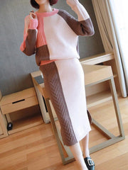 Casual Contrast Color Knitting Sweater&Skirt Suits