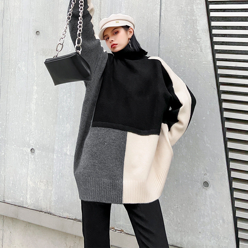 Urban Color-Block Splicing Knitted High-Neck Sweater