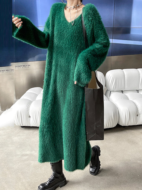 Original Pure Color V-Neck Long Sleeves Sweater Dress