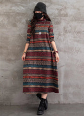 Vintage Striped Printed Casual Midi Dress