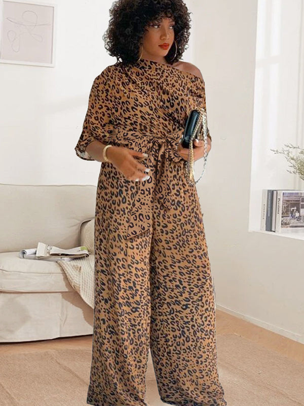 Sexy Off Shoulder Short Sleeve Loose Leopard Print Jumpsuit