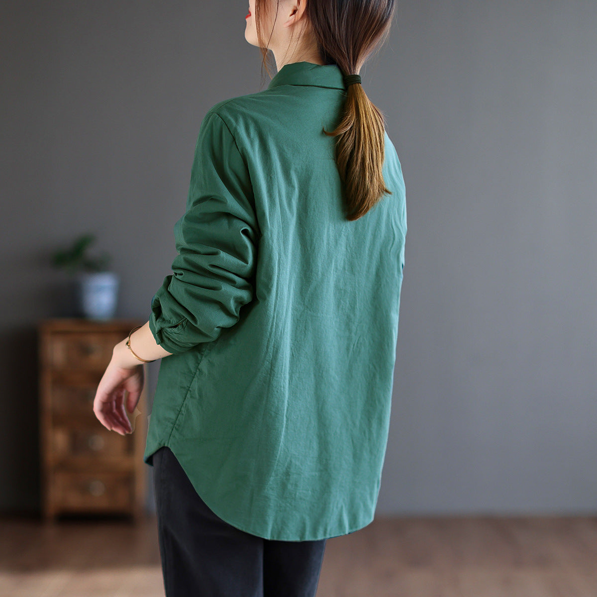 Retro Solid Color Lapel Collar Cotton Shirt