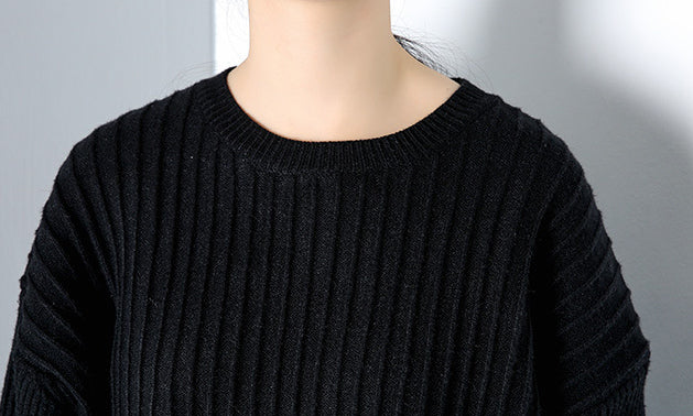 Women Stitching Round Neck Solid Color Irregular Sweater