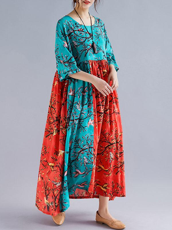 Plus Size Flower Print Split-joint Round-neck Long Dress