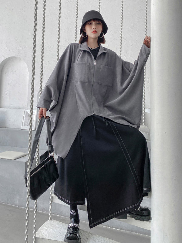 Casual Batwing Sleeves Roomy Drawstring Zipper Stand Collar Jackets&Coats