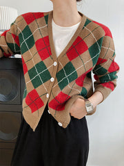 Retro Plaid Print V-Collar Casual Sweater