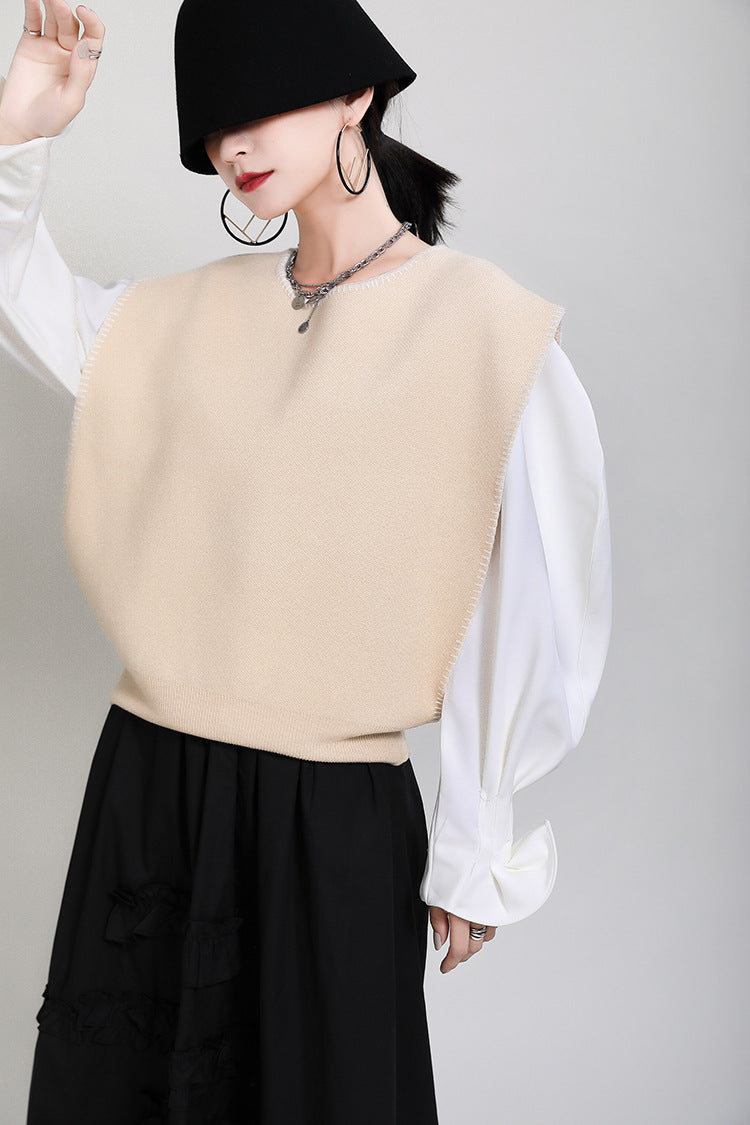 Retro Color Contrast Design Knitted Loose Waistcoat