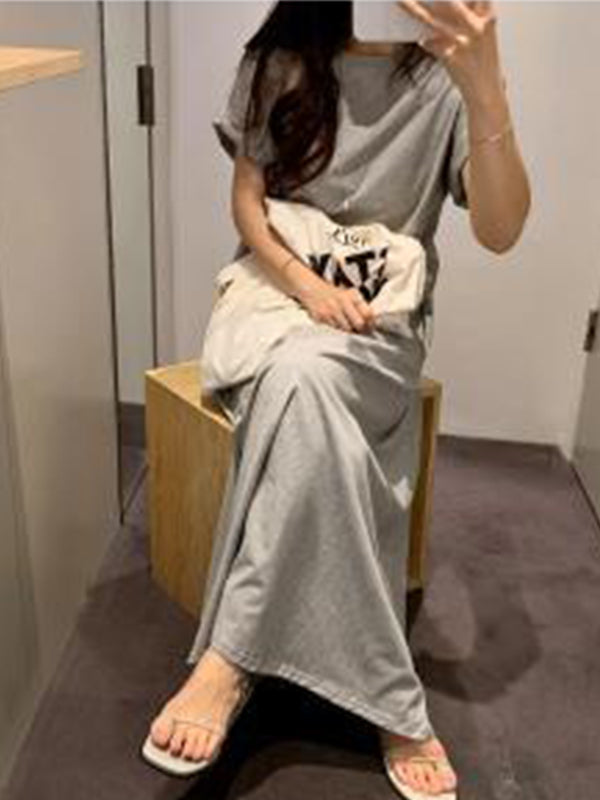 Short Sleeves Round Neck Solid Maxi Dress