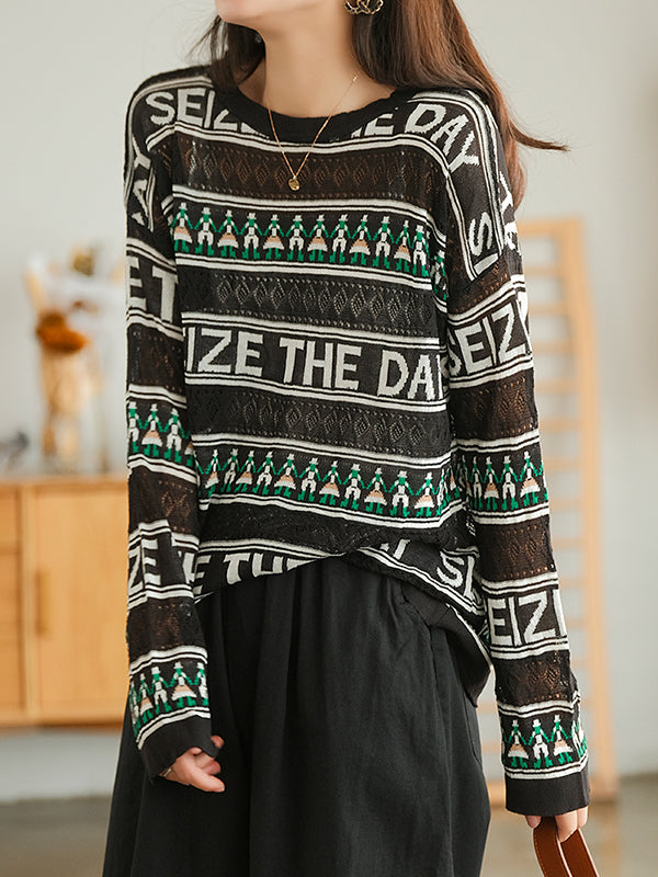 Loose Printed Round Neck Long Sleeve Knitted Top