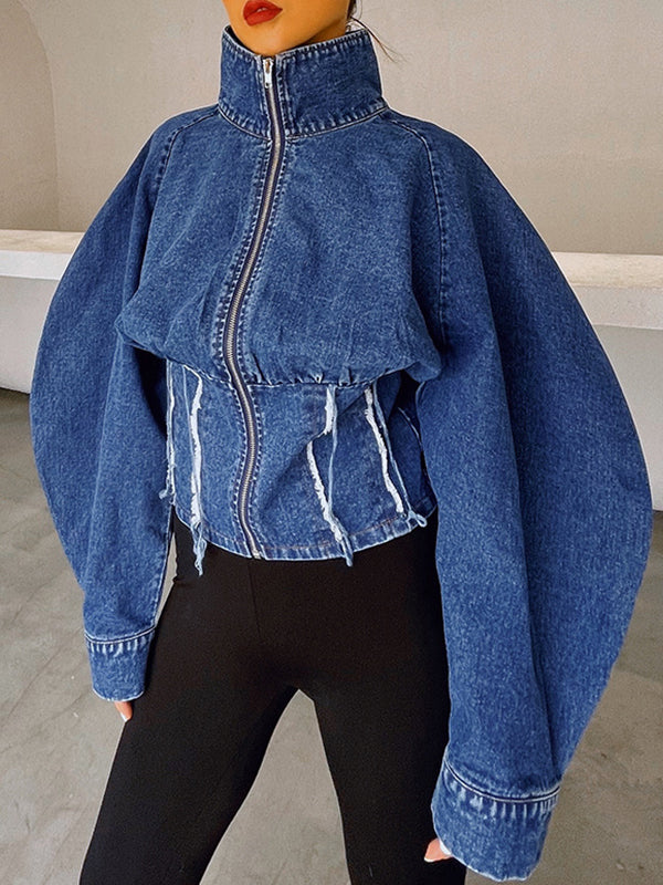 Urban Stand Collar Zipper High-Waist Denim Outerwear