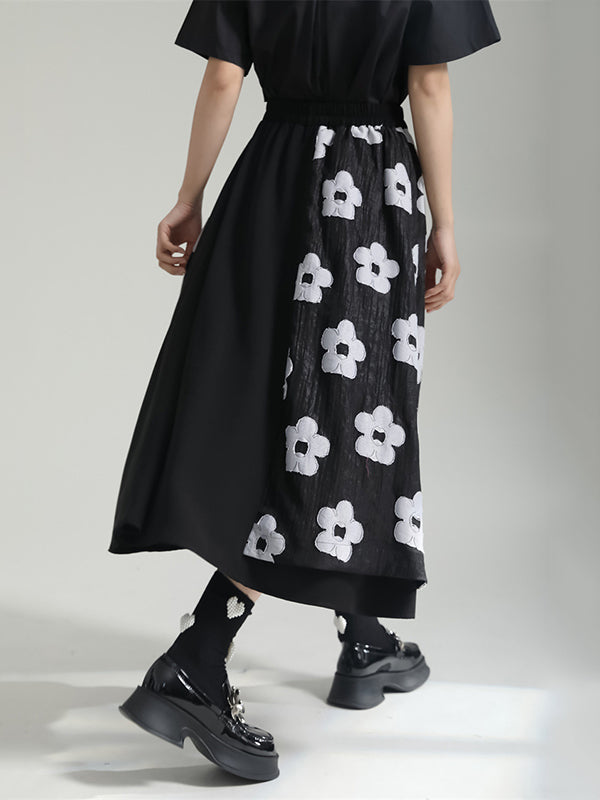 A-Line Roomy Flower-Embellished Contrast Color Split-Joint Skirts Bottoms