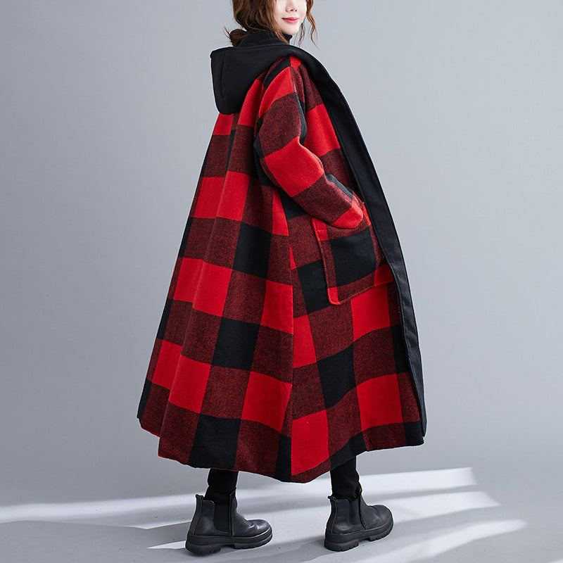 Women Retro Plaid Print Hooded Coat