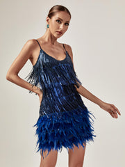 Austyn Tassel Feather Mini Dress In Royal Blue