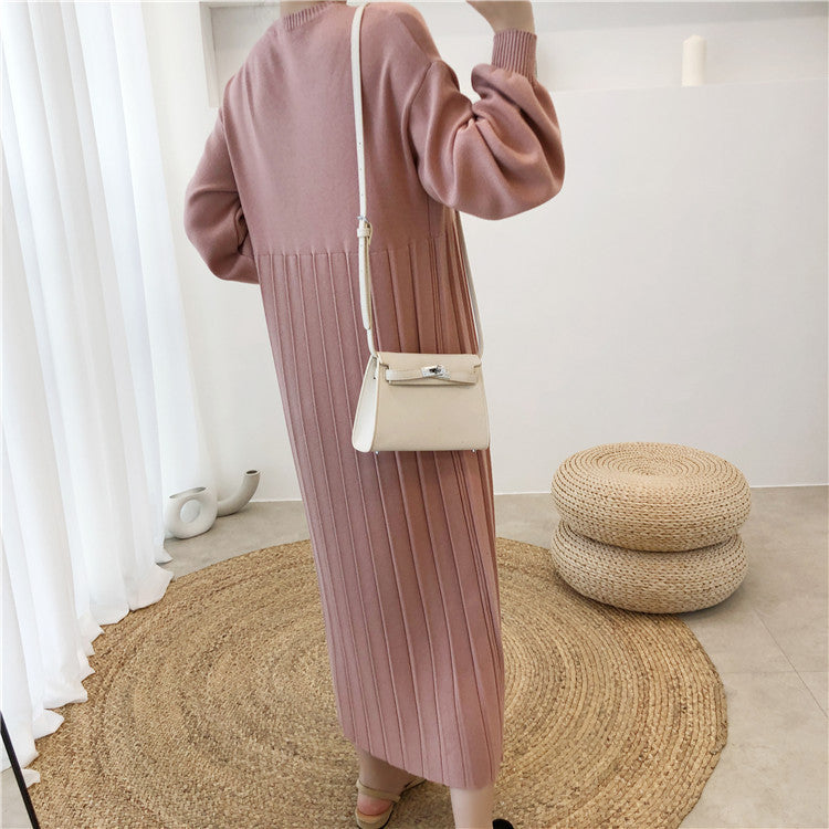 Casual Solid Color Round-Neck Knitted Midi Dress