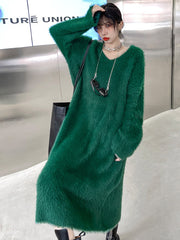 Original Pure Color V-Neck Long Sleeves Sweater Dress