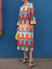 Long Sleeves Loose Printed Split-Side Round-Neck Midi Dresses