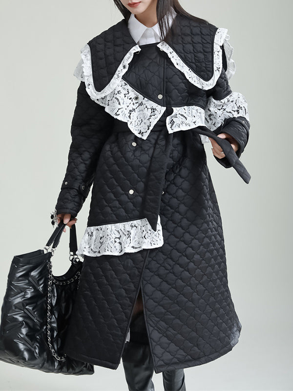 Asymmetric Quilted Ruffled Tied Waist Long Sleeves Roomy Peter Pan Collar Padded Coat