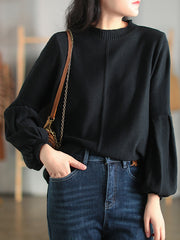 Women Solid Color Retro Loose Round Neck Sweater