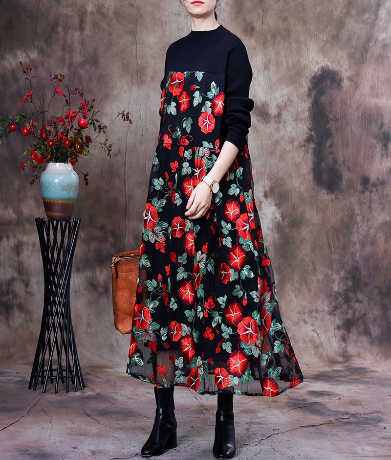Retro Embroidered Knitted Patchwork Midi Dress