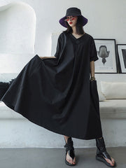 Vintage Roomy Black V-Neck Midi Dress