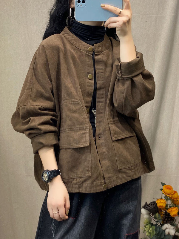 Retro Solid Color Stand-Up Collar Coat