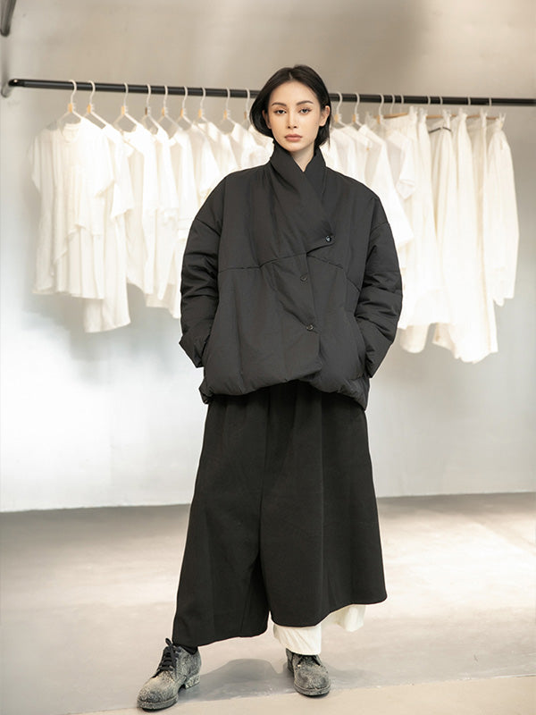 Simple Black Retro Irregular Down Jacket
