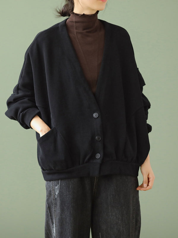 Vintage V-Neck Solid Loose Coat