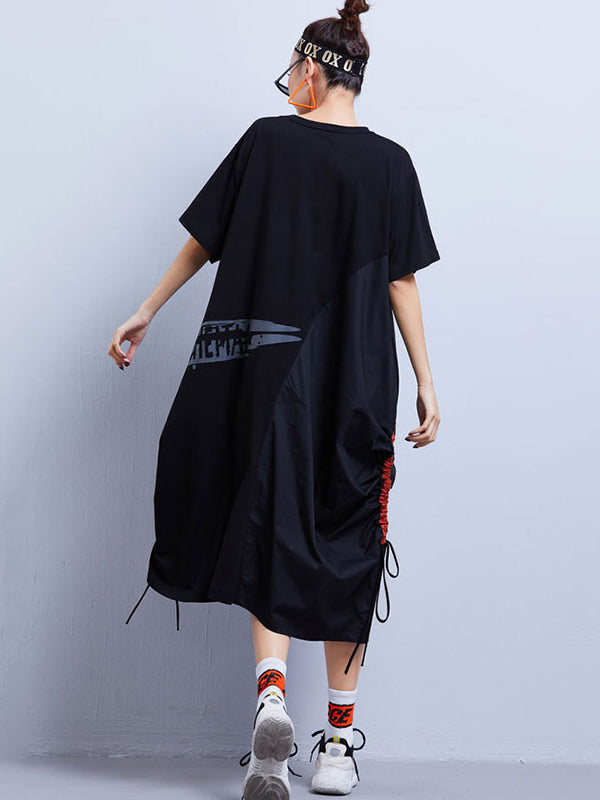 Hip-Hop Letter Stamped Contrast Colors Splicing Roomy Dress