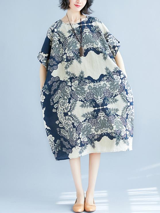 Natinal Flower Printed Linen Midi Dress