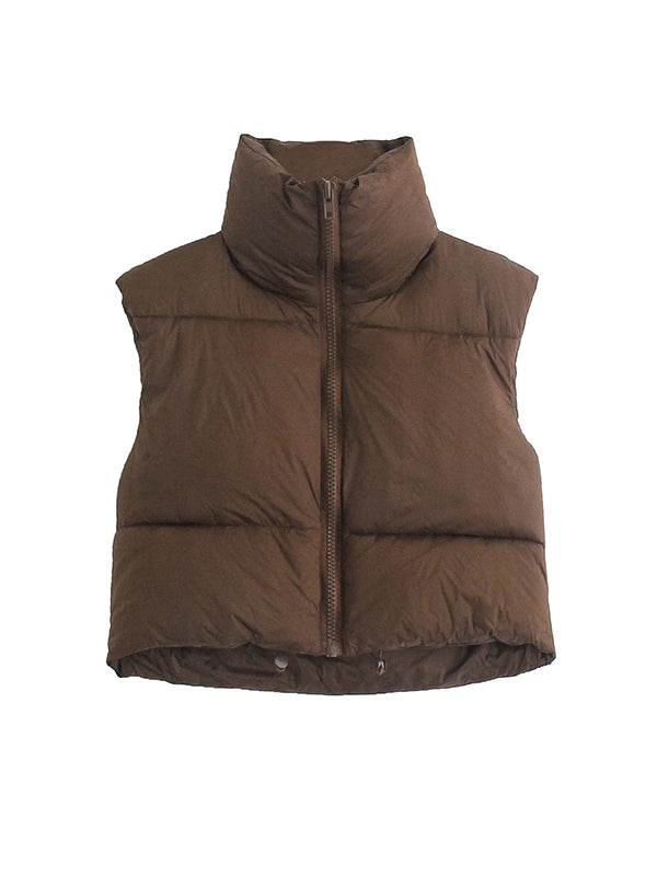 Skinny Sleeveless Solid Color Zipper Stand Collar Padded Vest Vest Top