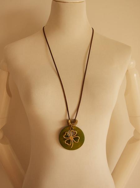 Vintage Wood Four Leaf Clover Necklace