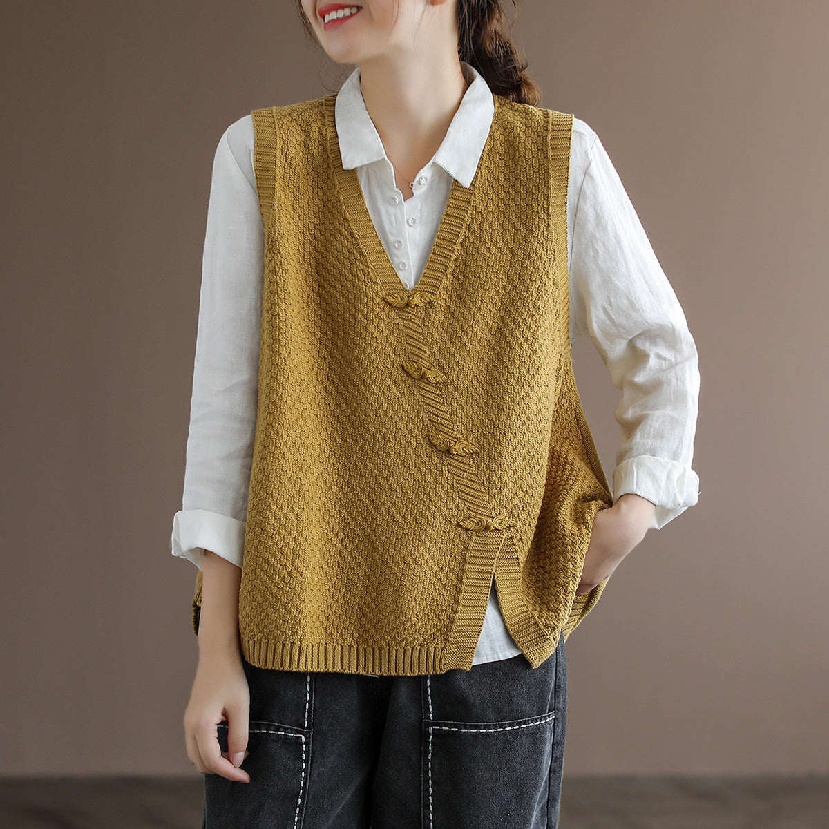 Retro Lapel Button-Down V-Neck Vest