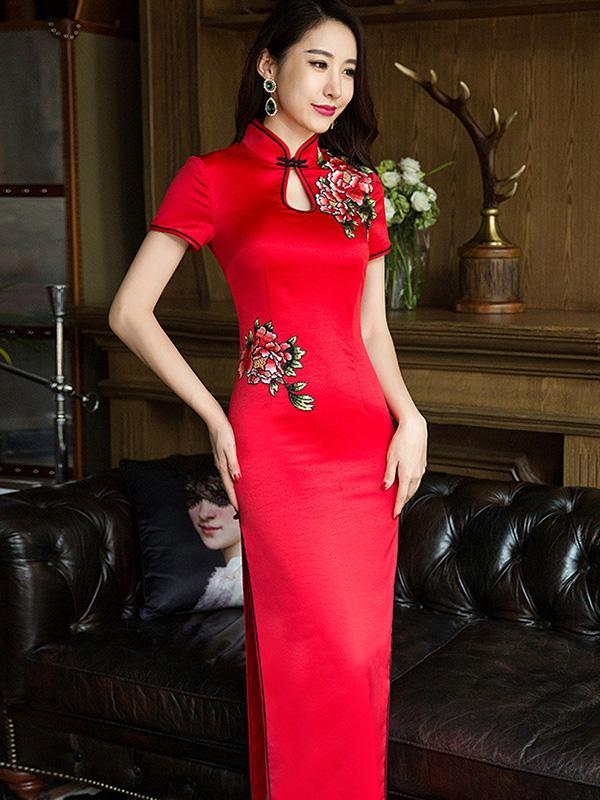 Red Embroidered Long Cheongsam Dress