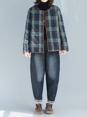 Women Retro Round Neck Plaid Print Coat