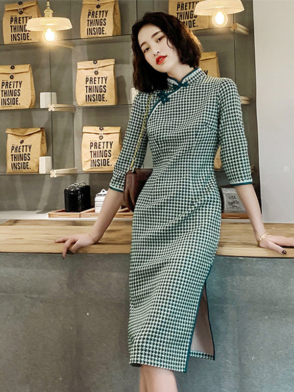 Stand Collar Slash Checkered Cheongsam With Low Slit Midi Dress