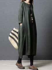 3 Colors Loose Ramie Cotton Long Sleeves Long Dress