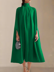 Simple Batwing Sleeves Lace-Up Solid Color High-Neck Midi Dresses